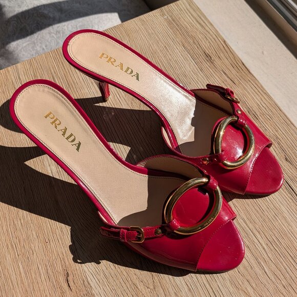 Prada Red and Gold Leather Kitten Heeled Mule Sandals Size 8 Women - Picture 1 of 9